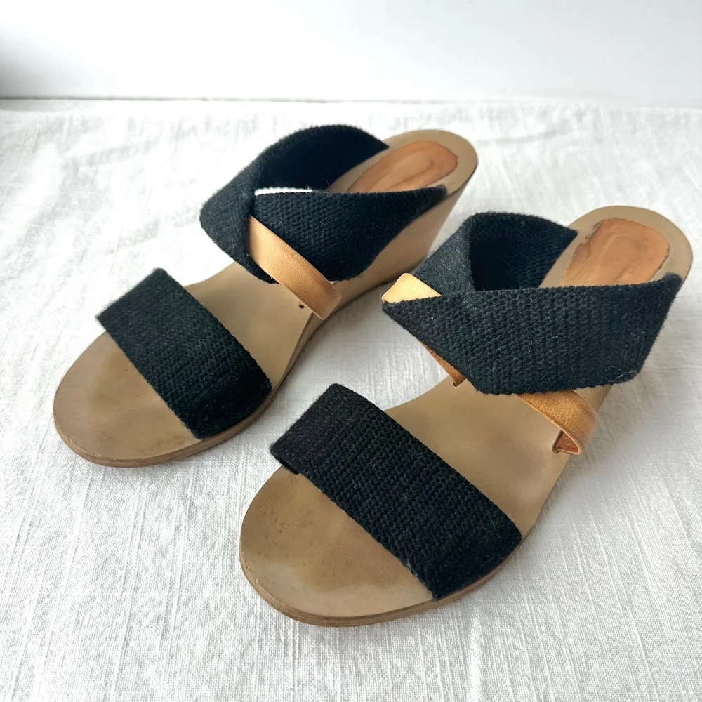 MM6 Maison Margiela Wedge Sandals Black Fabric Strappy Slip‎ On Slides 37